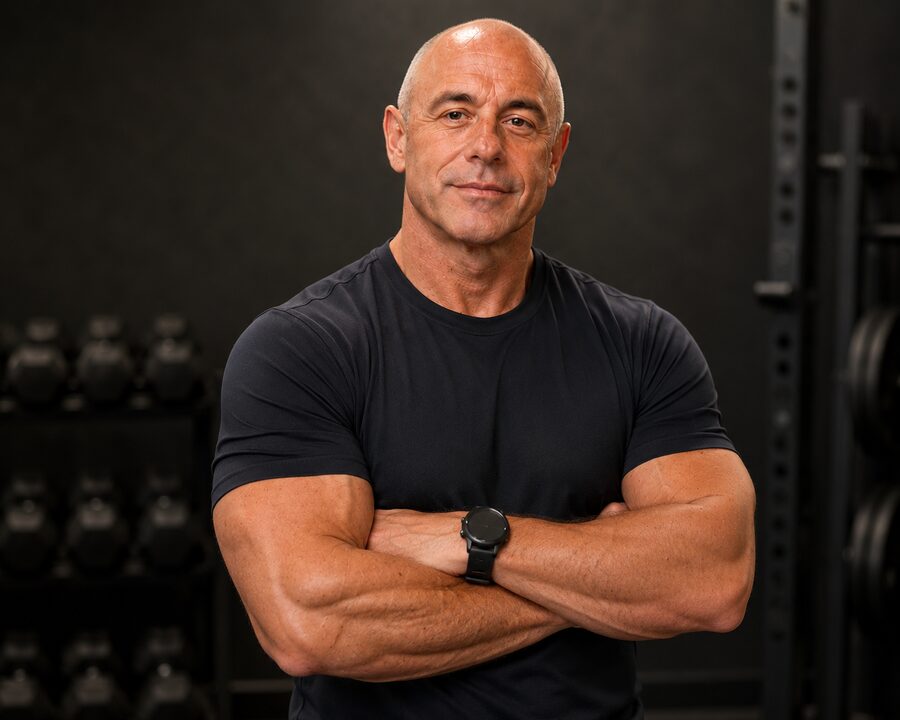 Portrait of Alan Scott, personal trainer, standing with arms crossed in the gym