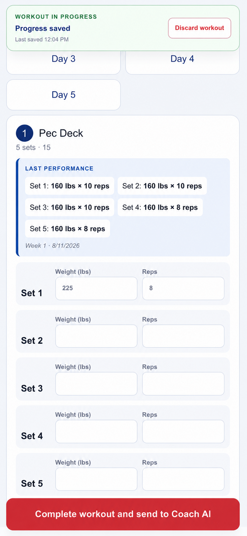 Al Scott Fitness Client Hub workout logging screen showing set-by-set weights and reps for an in-progress session