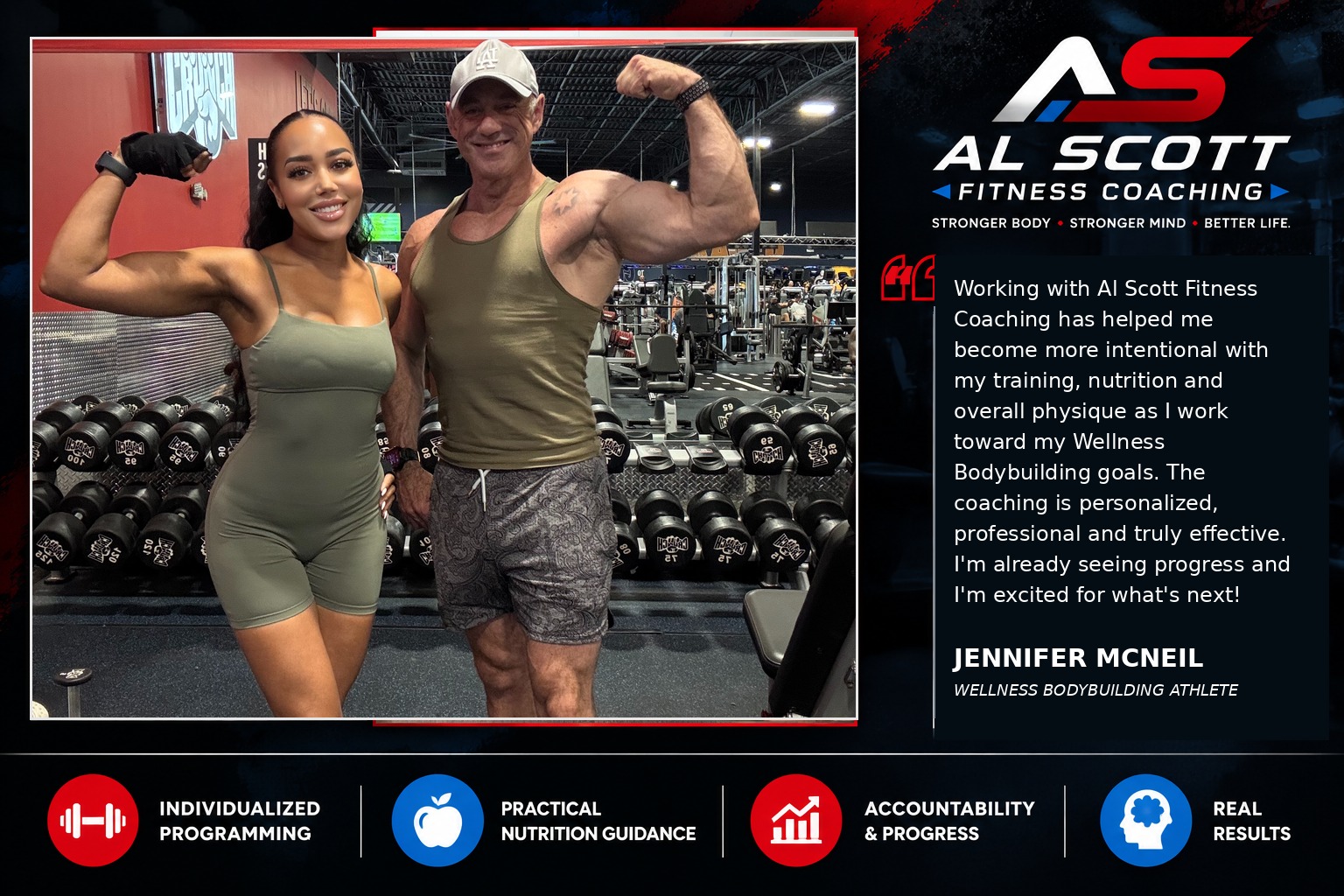 Coach Alan Scott with client Jennifer McNeil at the gym. Her testimonial reads: "Working with Al Scott Fitness Coaching has helped me become more intentional with my training, nutrition and overall physique as I work toward my Wellness Bodybuilding goals. The coaching is personalized, professional and truly effective. I'm already seeing progress and I'm excited for what's next!" &mdash; Jennifer McNeil, Wellness Bodybuilding Athlete